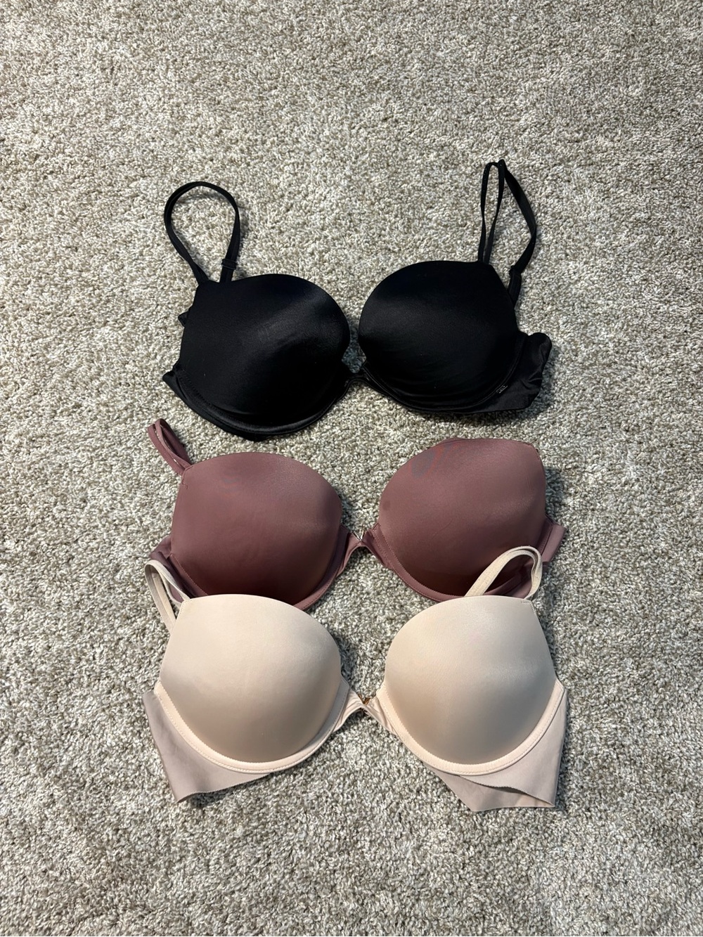 Victoria's Secret Push-Up 32DD Underwire Padded Bra Lot 3 Black Mauve Beige